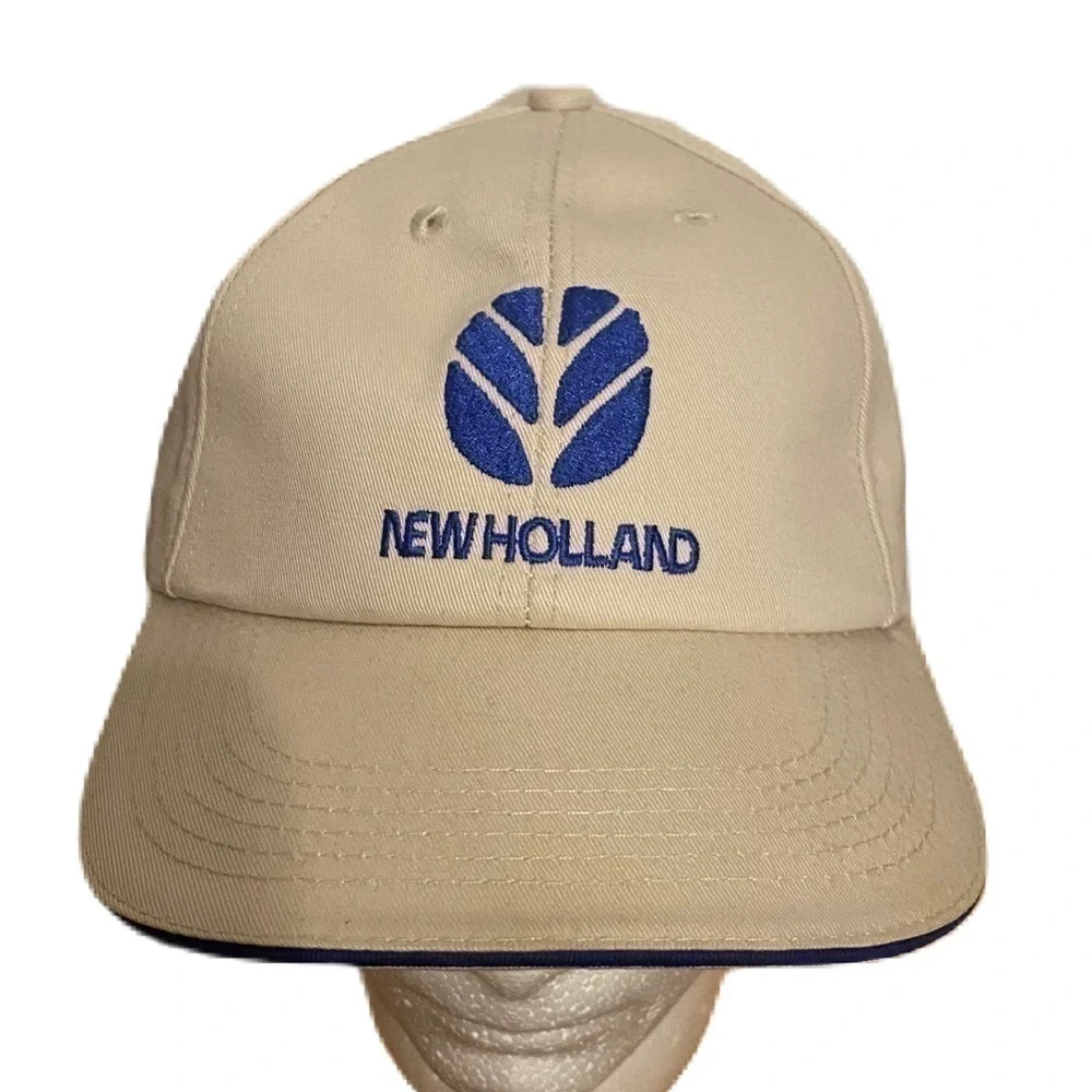 Vintage K Products New Holland Strapback Hat Tan Blue Flag Made in USA